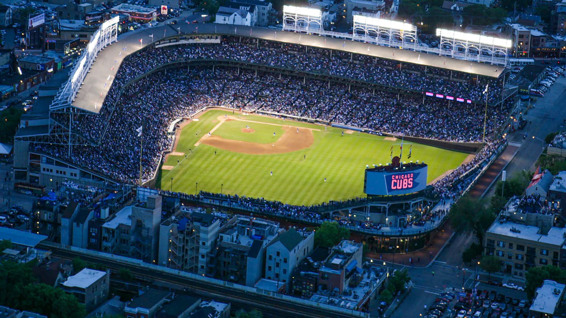 fondo de pantalla de campo wrigley,estadio,estadio de fútbol específico,parque de beisbol,área metropolitana,paisaje