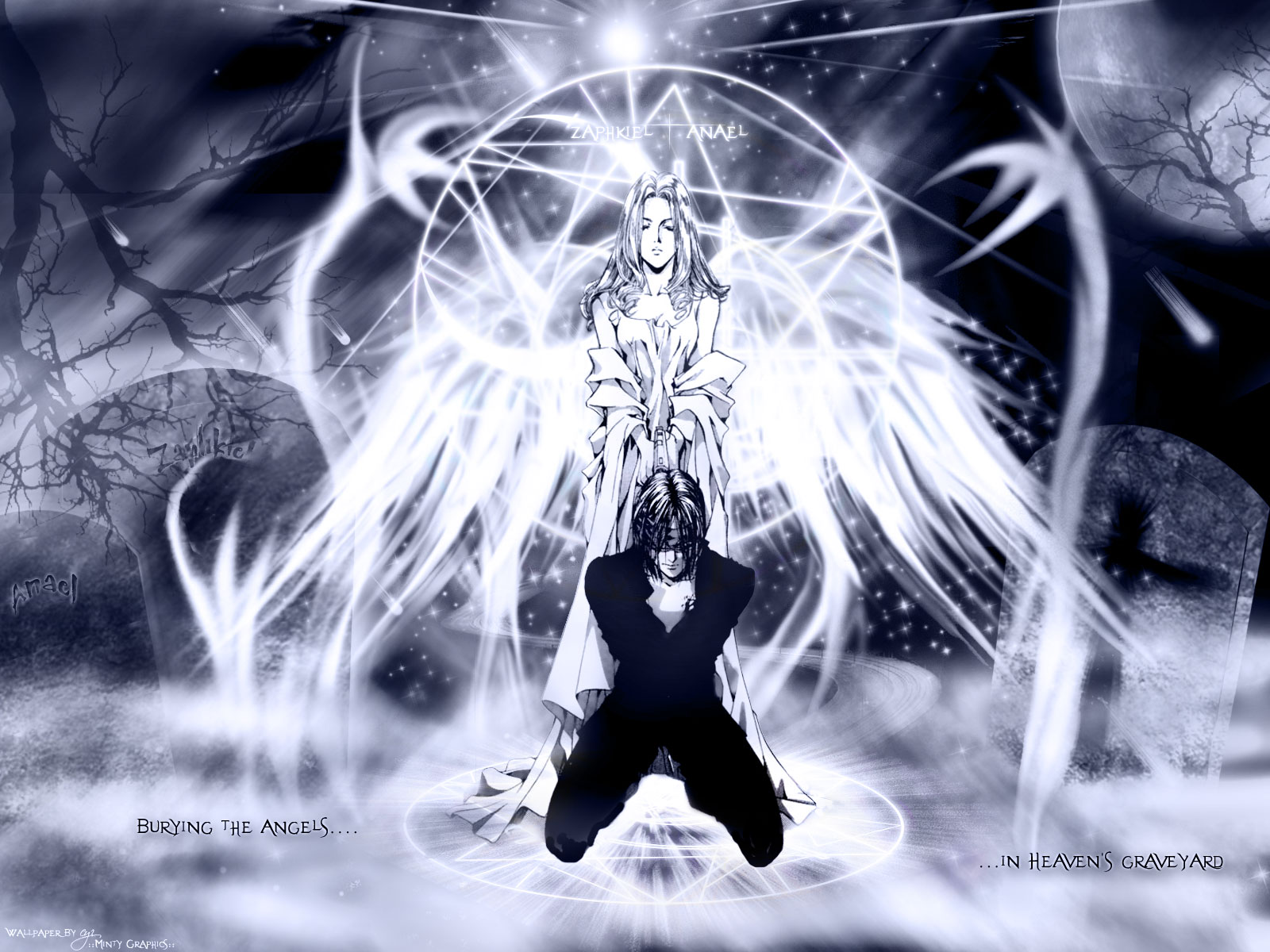 anime angel wallpaper,graphic design,fictional character,darkness,wing,cg artwork