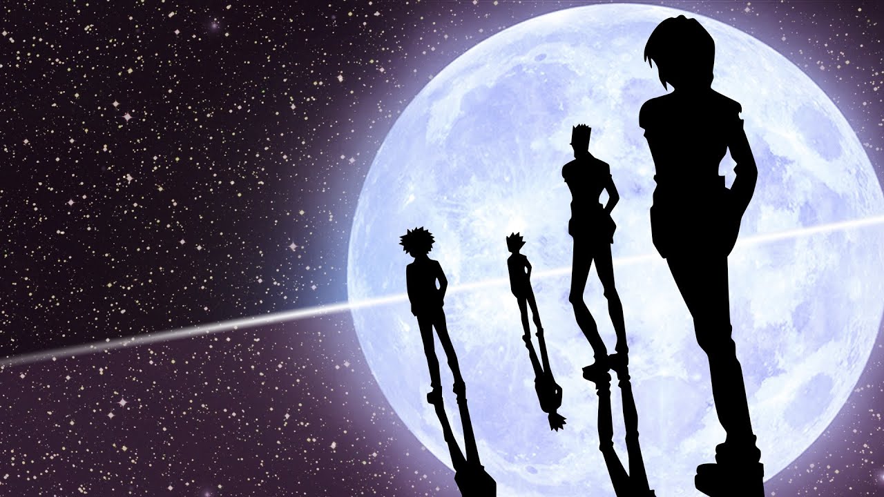 hunter x hunter fond d'écran hd,ciel,silhouette,objet astronomique,humain,amusement