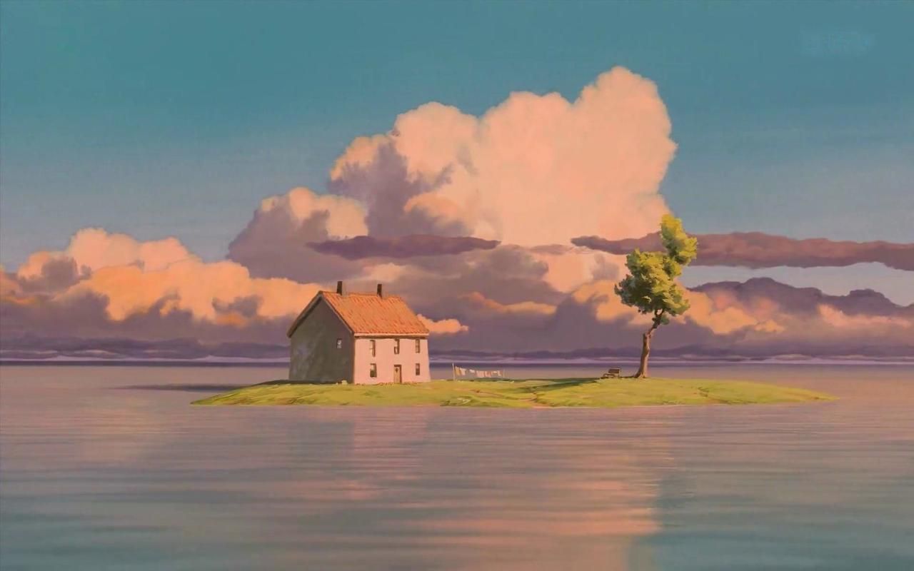 carta da parati hayao miyazaki,cielo,paesaggio naturale,natura,pittura,pittura ad acquerello