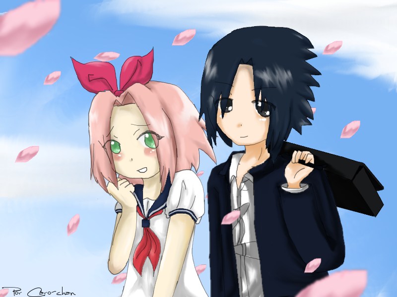 wallpaper sasuke dan sakura,cartoon,anime,artwork,black hair,fictional character