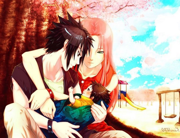 wallpaper sasuke dan sakura,anime,cartoon,cg artwork,black hair,fictional character