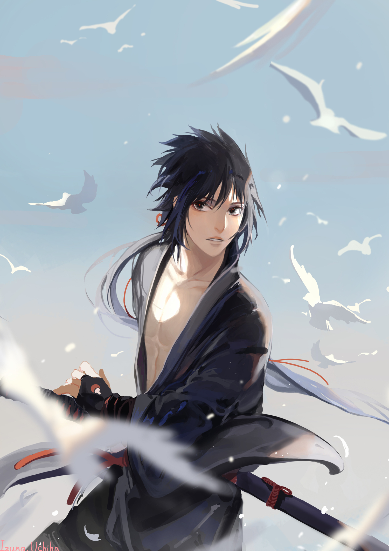 fond d'écran sasuke dan sakura,anime,oeuvre de cg,cheveux noirs,illustration