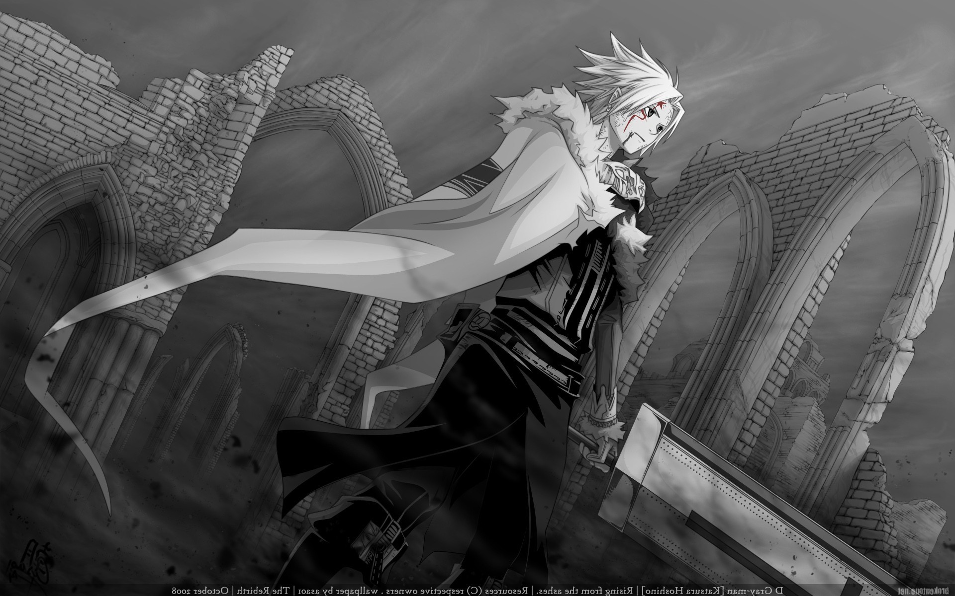 d gray man wallpaper,cg artwork,anime,monochrome,cartoon,illustration