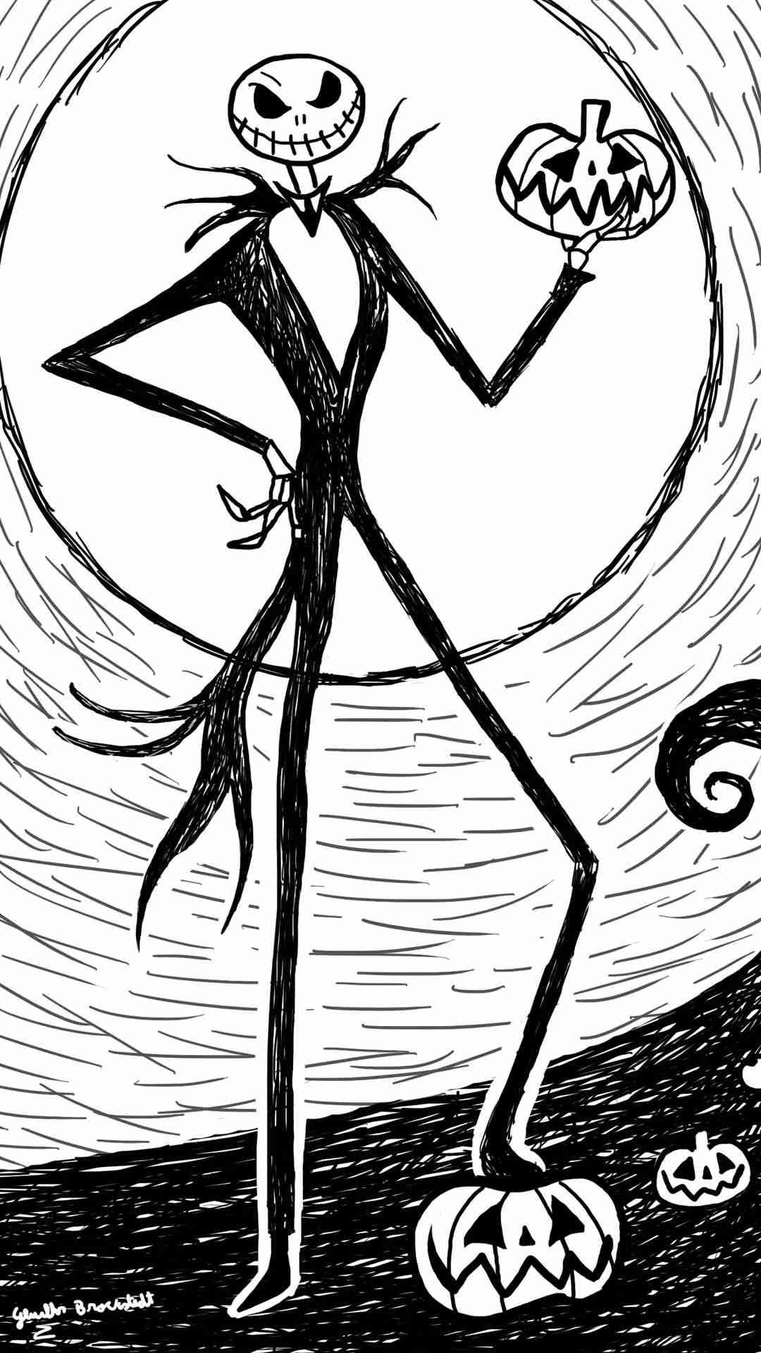 jack skellington iphone wallpaper,line art,black and white,cartoon,illustration,fictional character