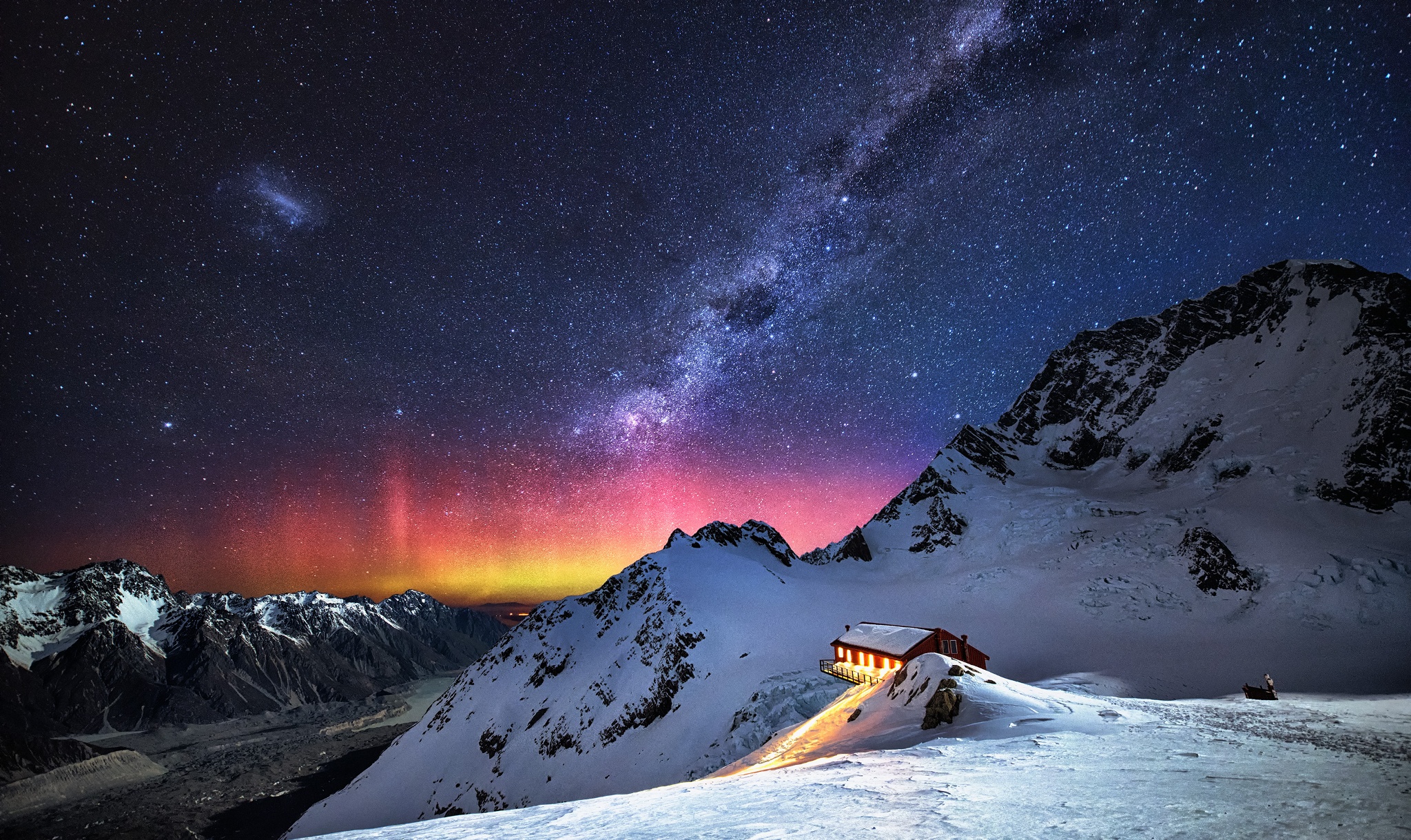 vía láctea fondo de pantalla hd,cielo,invierno,aurora,nieve,montaña