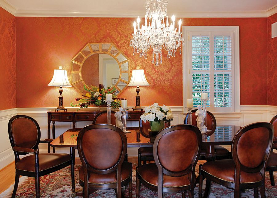 orange and gold wallpaper,room,dining room,interior design,property,furniture