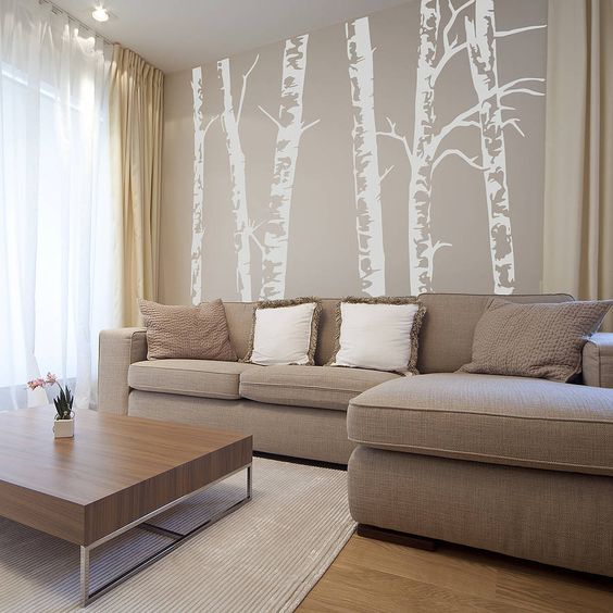 Birch Wallpaper Behind Sofa Silver Birch Wall Art WallpaperUse