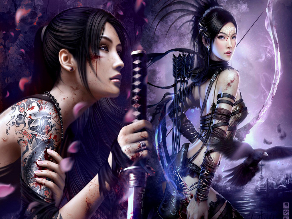 female warrior wallpaper,cg artwork,purple,black hair,photography,fictional character