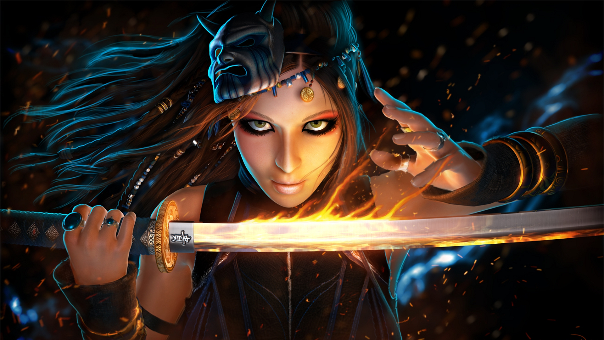 female warrior wallpaper,cg artwork,beauty,fictional character,black hair,long hair