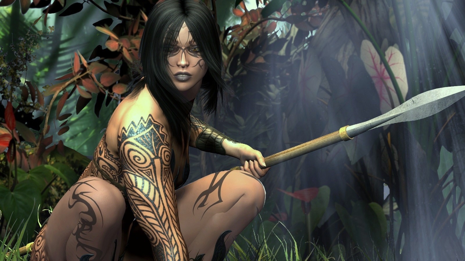 female warrior wallpaper,tattoo,cg artwork,adventure game,black hair,fictional character