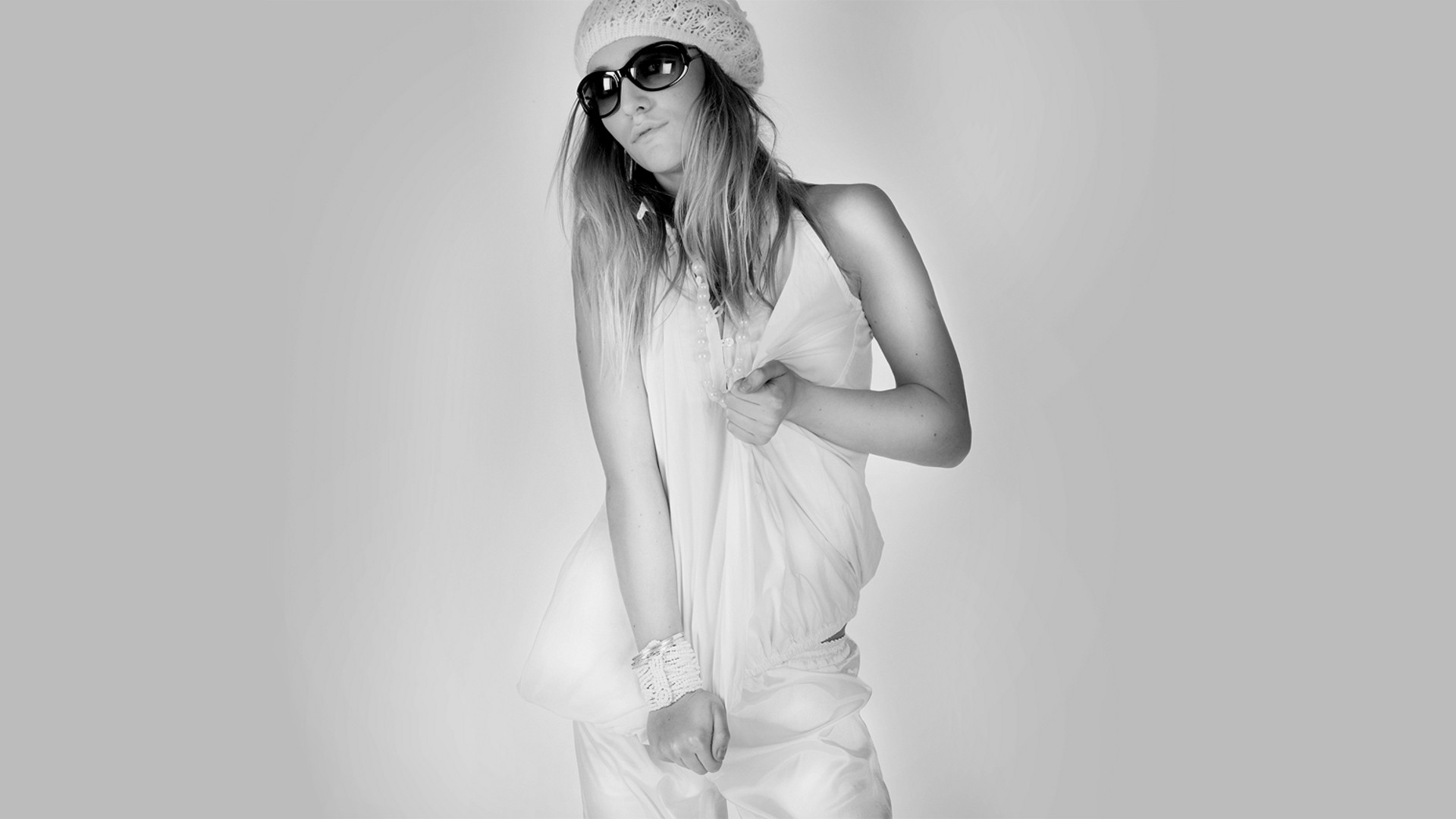 funky girl wallpaper,white,eyewear,photograph,shoulder,black and white