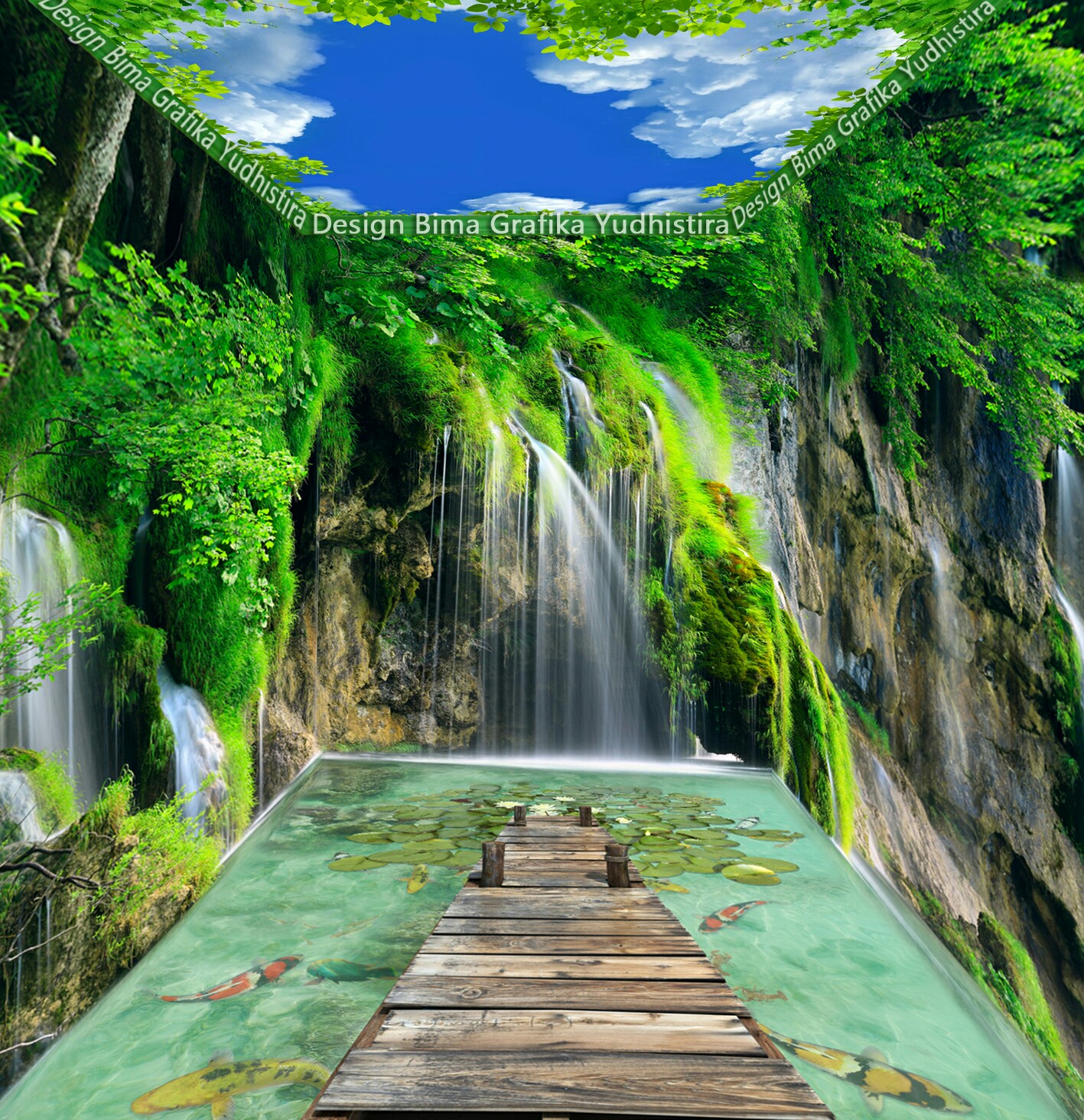 tapete lantai 3d,natürliche landschaft,natur,wasserfall,wasservorräte,grün