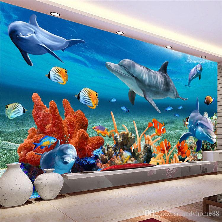작은 아이 벽지,벽화,물고기,수중,돌고래,수족관