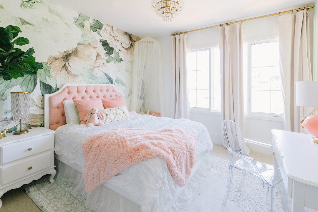 girls floral wallpaper,bedroom,bed,furniture,room,white