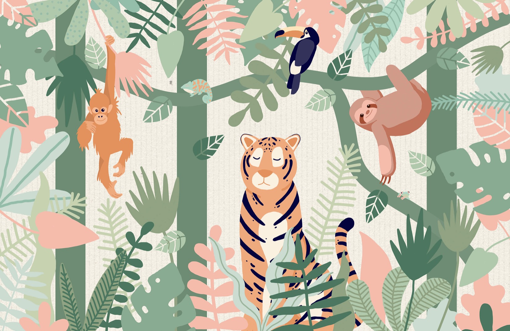 papel pintado animal de los niños,árbol,selva,hoja,modelo,dibujos animados