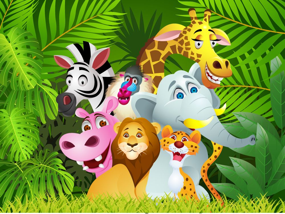 kids animal wallpaper,animated cartoon,cartoon,illustration,organism,jungle