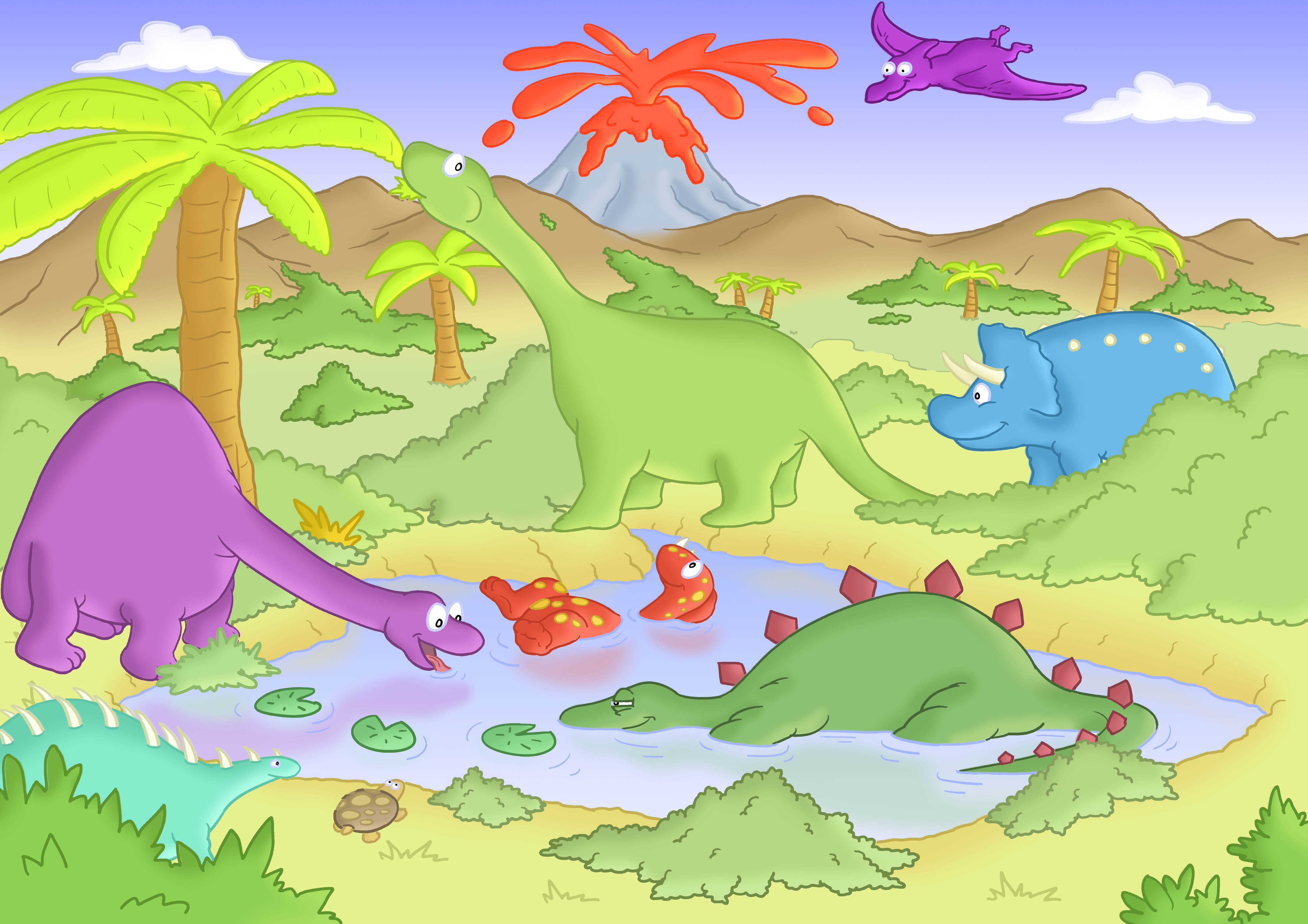 papel pintado de dinosaurios para niños,dibujos animados,dinosaurio,ilustración,selva,arte