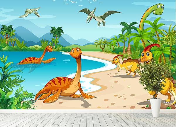 kids dinosaur wallpaper,cartoon,animated cartoon,natural landscape,organism,terrestrial animal