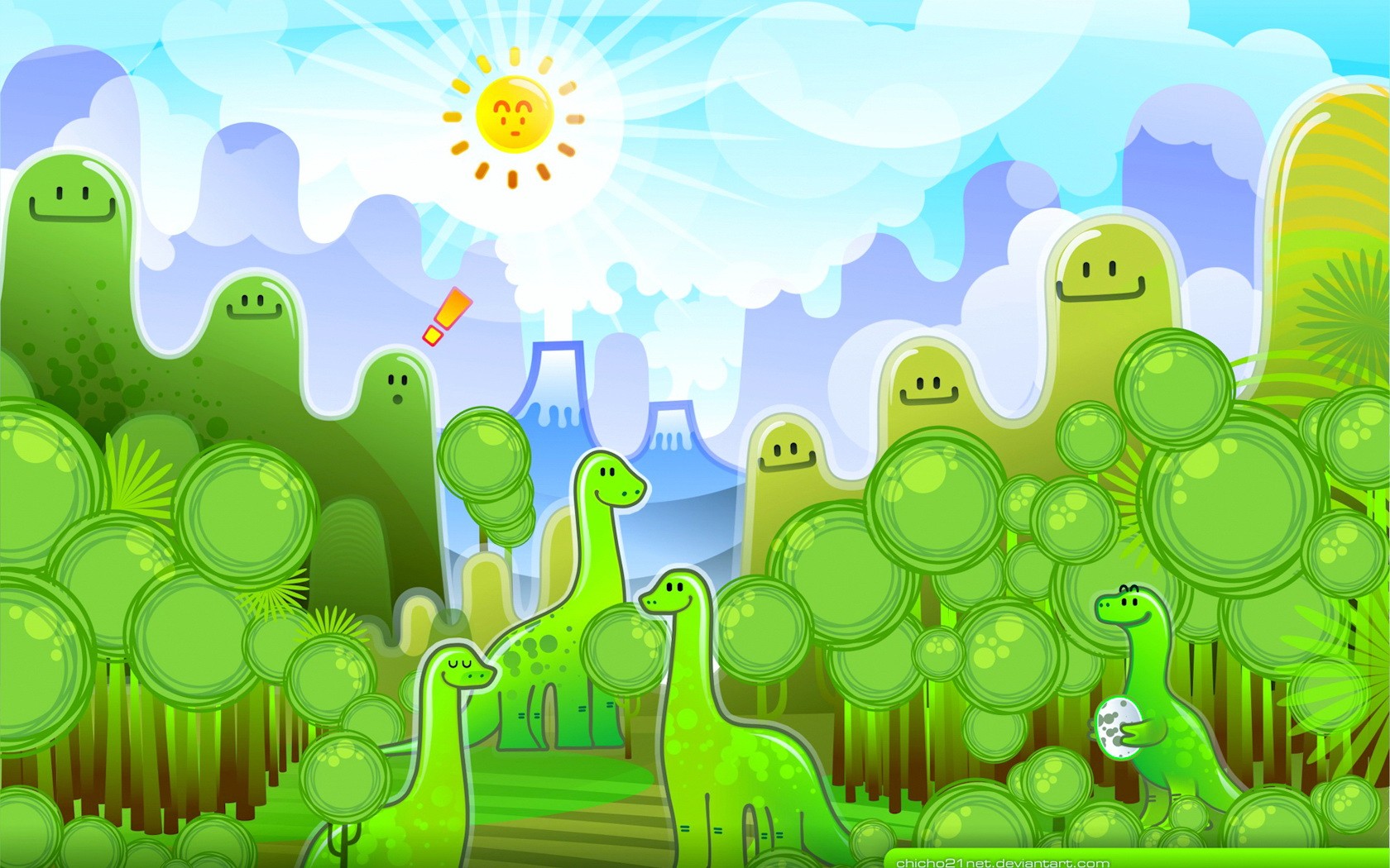 kids dinosaur wallpaper,green,natural landscape,cartoon,grass,illustration