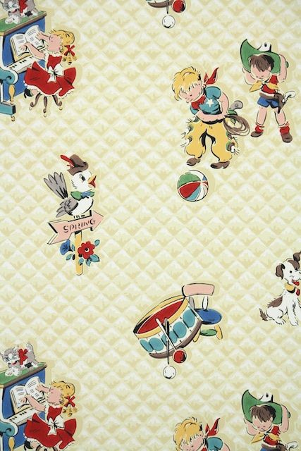 vintage nursery wallpaper,cartoon,textile,illustration,fictional character,pattern