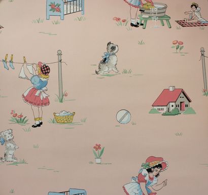 papel tapiz vivero vintage,dibujos animados,ilustración,arte infantil,arte,habitación