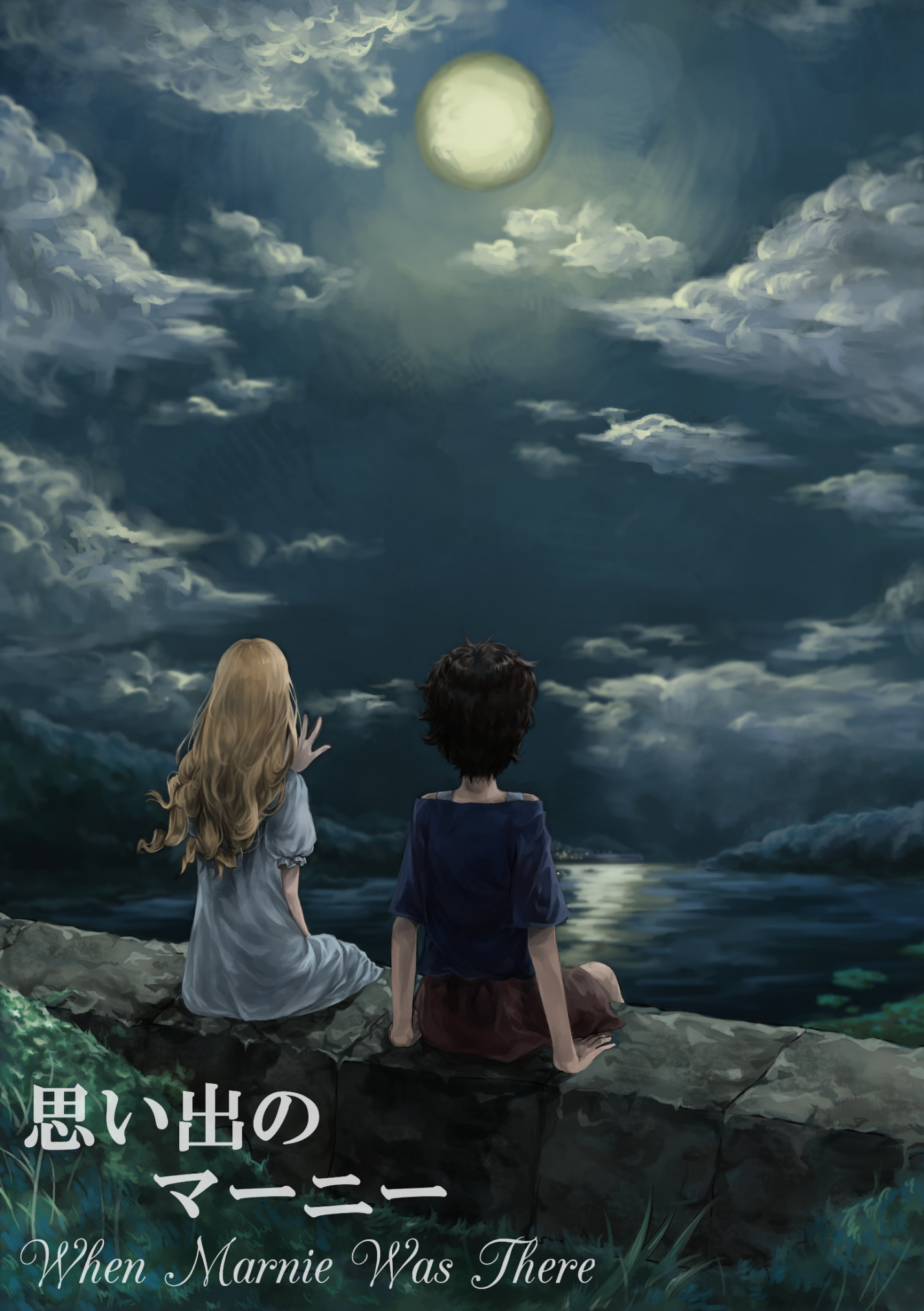 when marnie was there wallpaper,sky,love,moonlight,friendship,human