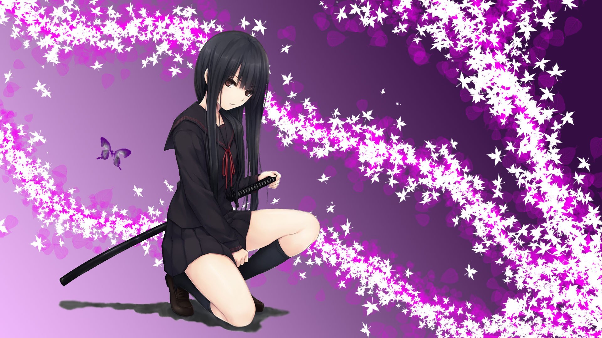 fond d'écran anime girl,anime,violet,oeuvre de cg,cheveux noirs,illustration