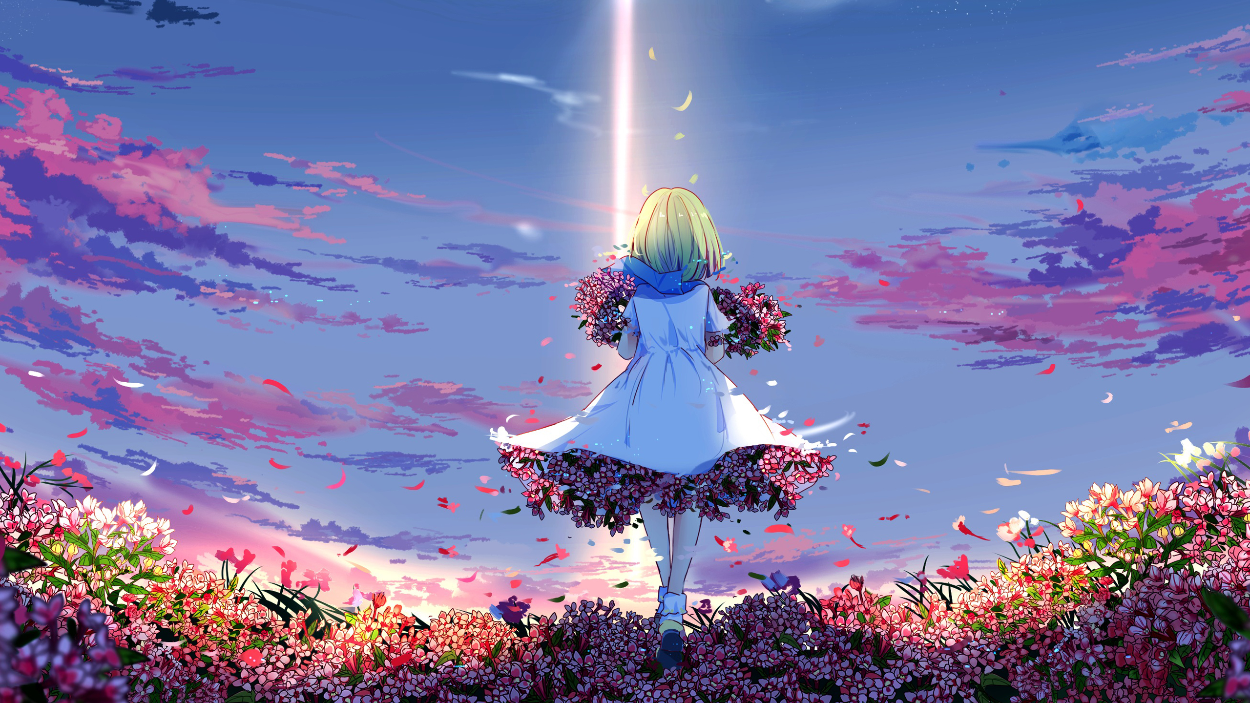 애니메이션 소녀 벽지,하늘,구름,애니메이션,꽃,봄