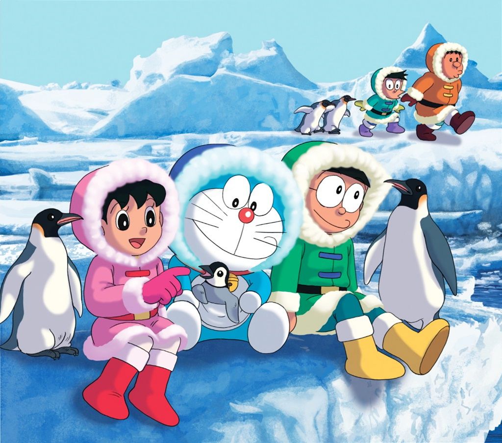 doraemon wallpaper,animated cartoon,cartoon,playing in the snow,illustration,animation
