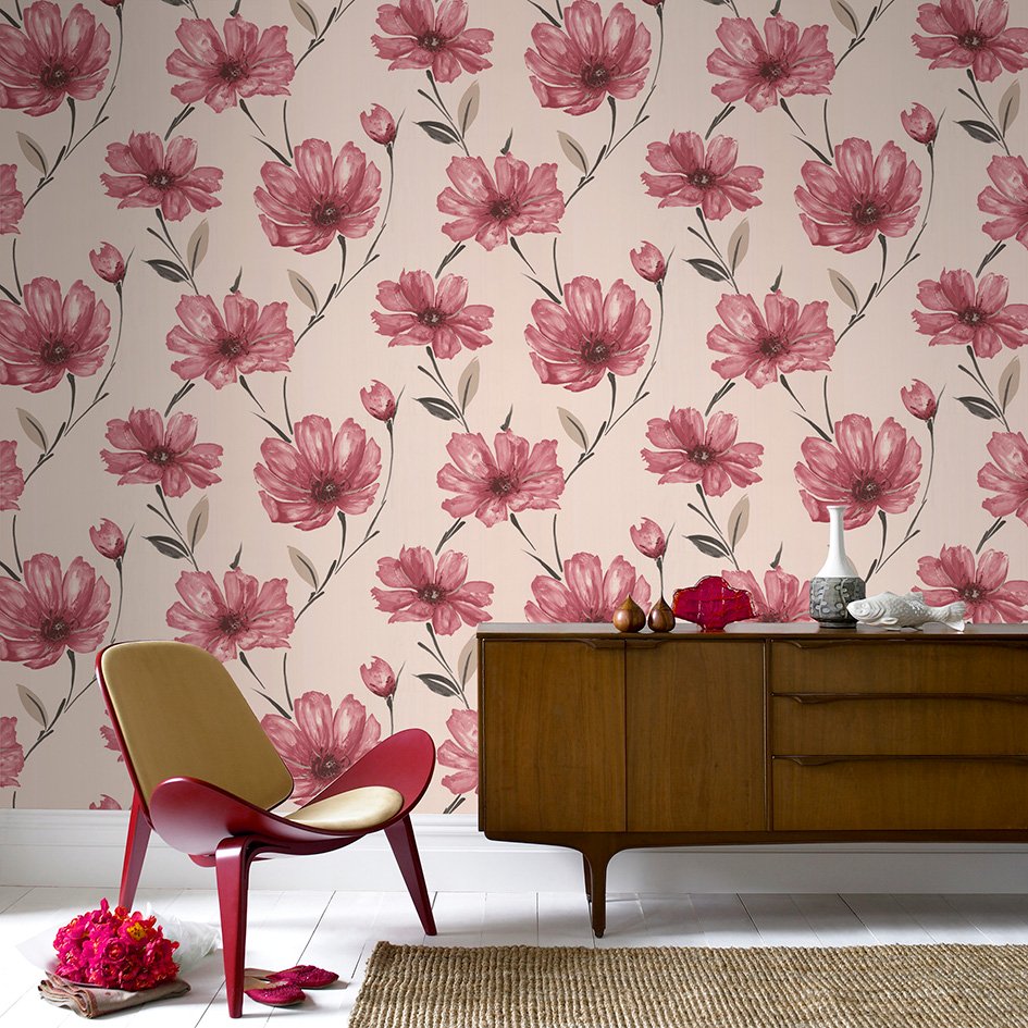 room wallpaper,wallpaper,flower,wall,pink,plant