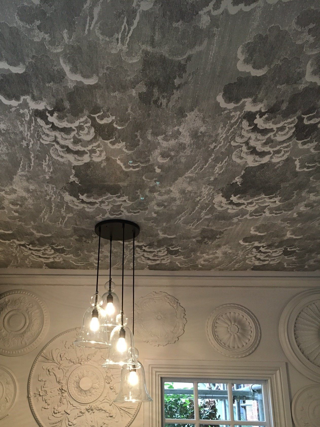 fornasetti cloud wallpaper,ceiling,wall,lighting,plaster,light fixture