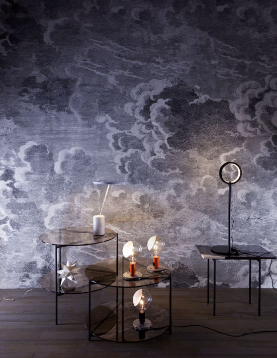 fornasetti cloud wallpaper,sky,lighting,wall,table,furniture