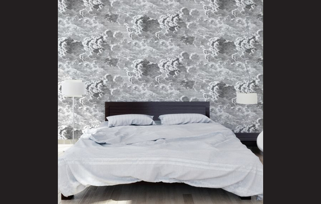 fornasetti cloud wallpaper,bedroom,bed,room,wall,furniture