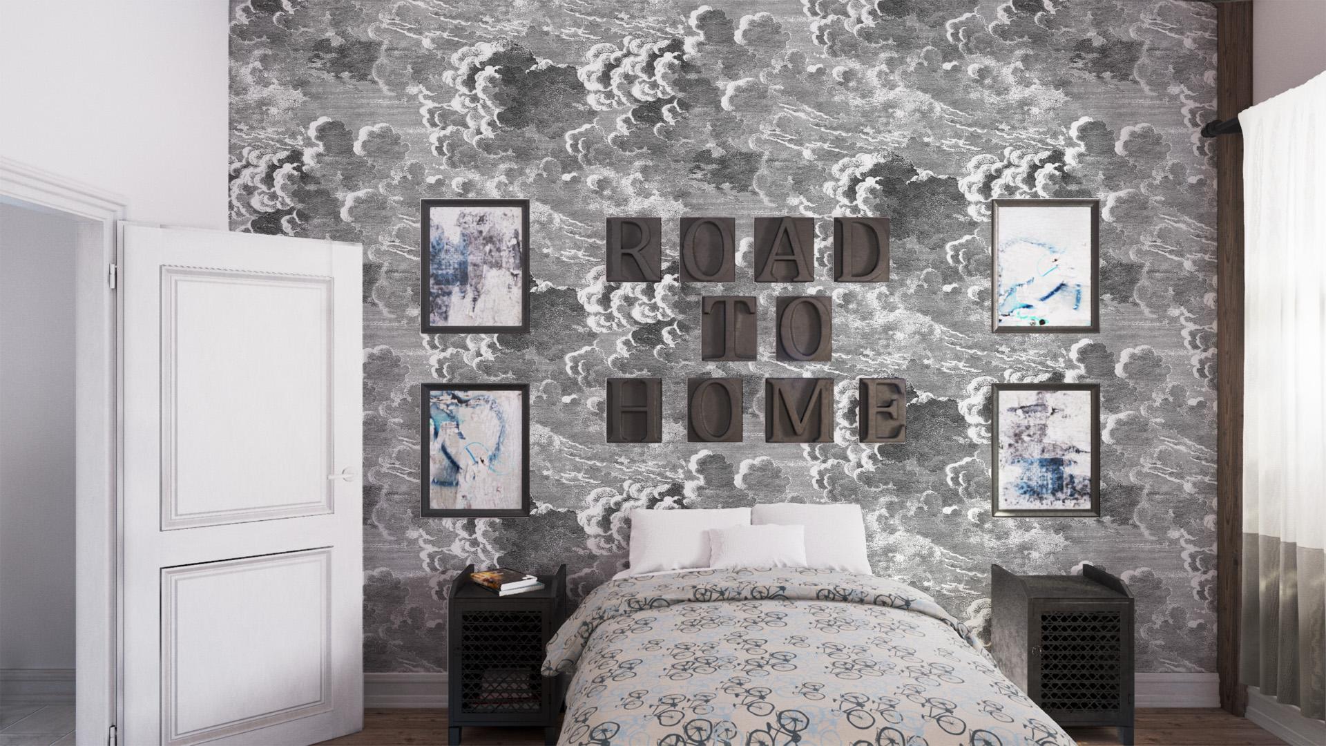 fornasetti cloud wallpaper,room,wall,wallpaper,furniture,bedroom
