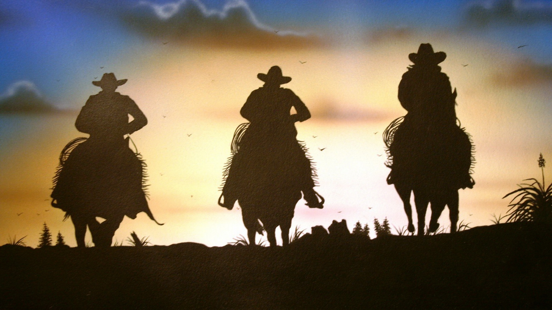 fond d'écran cowboy hd,silhouette,cheval