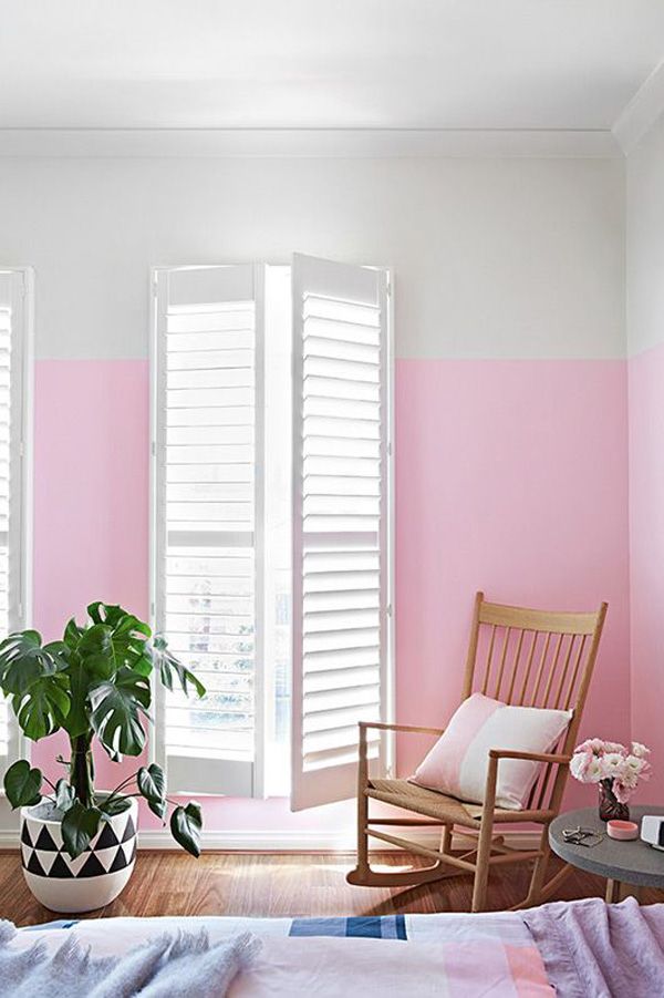 half wallpaper half paint ideas,room,interior design,pink,furniture,window covering