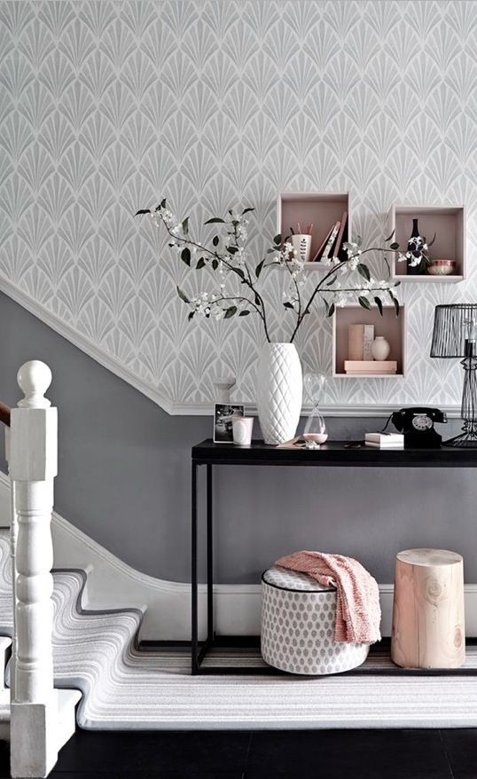 half wallpaper half paint ideas,room,interior design,wall,furniture,black and white