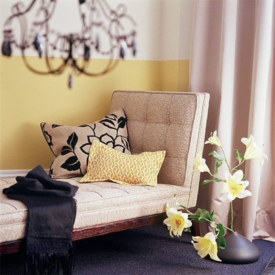 half wallpaper half paint ideas,furniture,room,yellow,couch,interior design