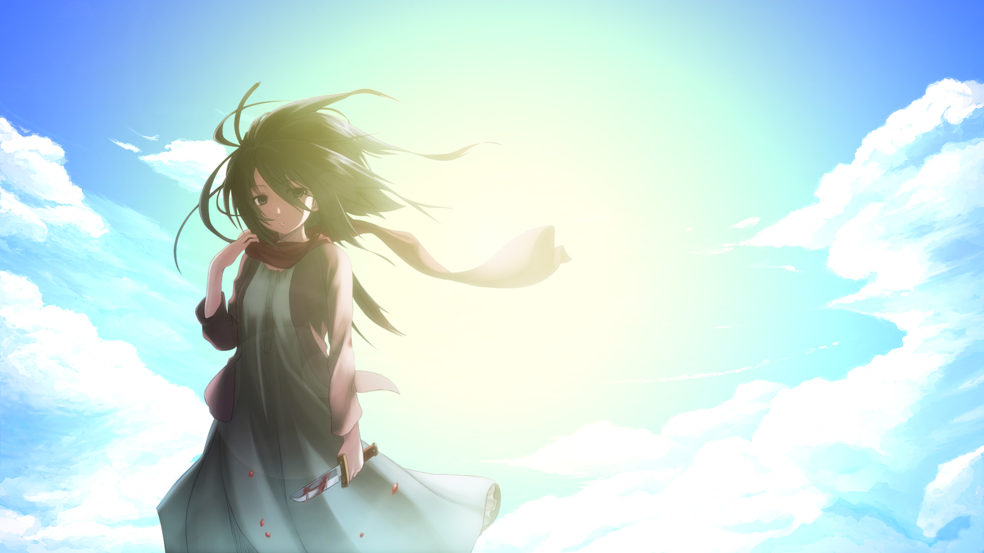 mikasa hd wallpaper,cg artwork,sky,anime,long hair,calm