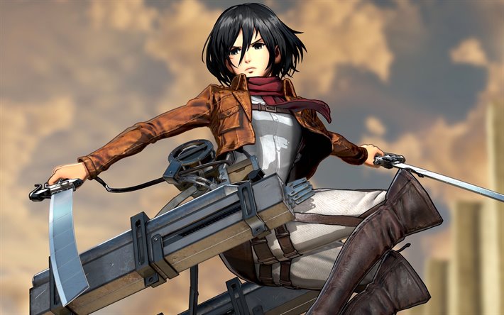 attaque sur papier peint titan mikasa,oeuvre de cg,anime,cheveux noirs,figurine,personnage fictif