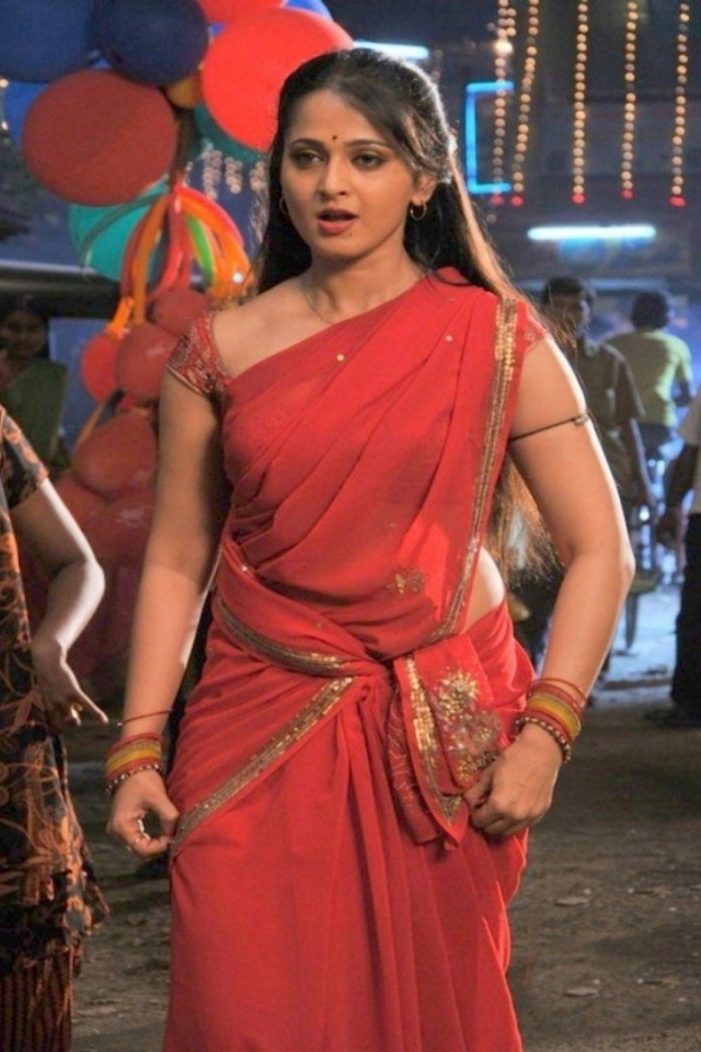 anushka shetty hd saree wallpapers,clothing,abdomen,sari,orange,navel