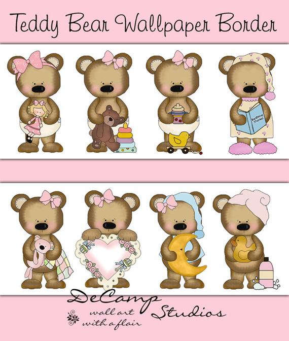 bordure de papier peint ours,clipart,figure animale,rose,dessin animé,jouet