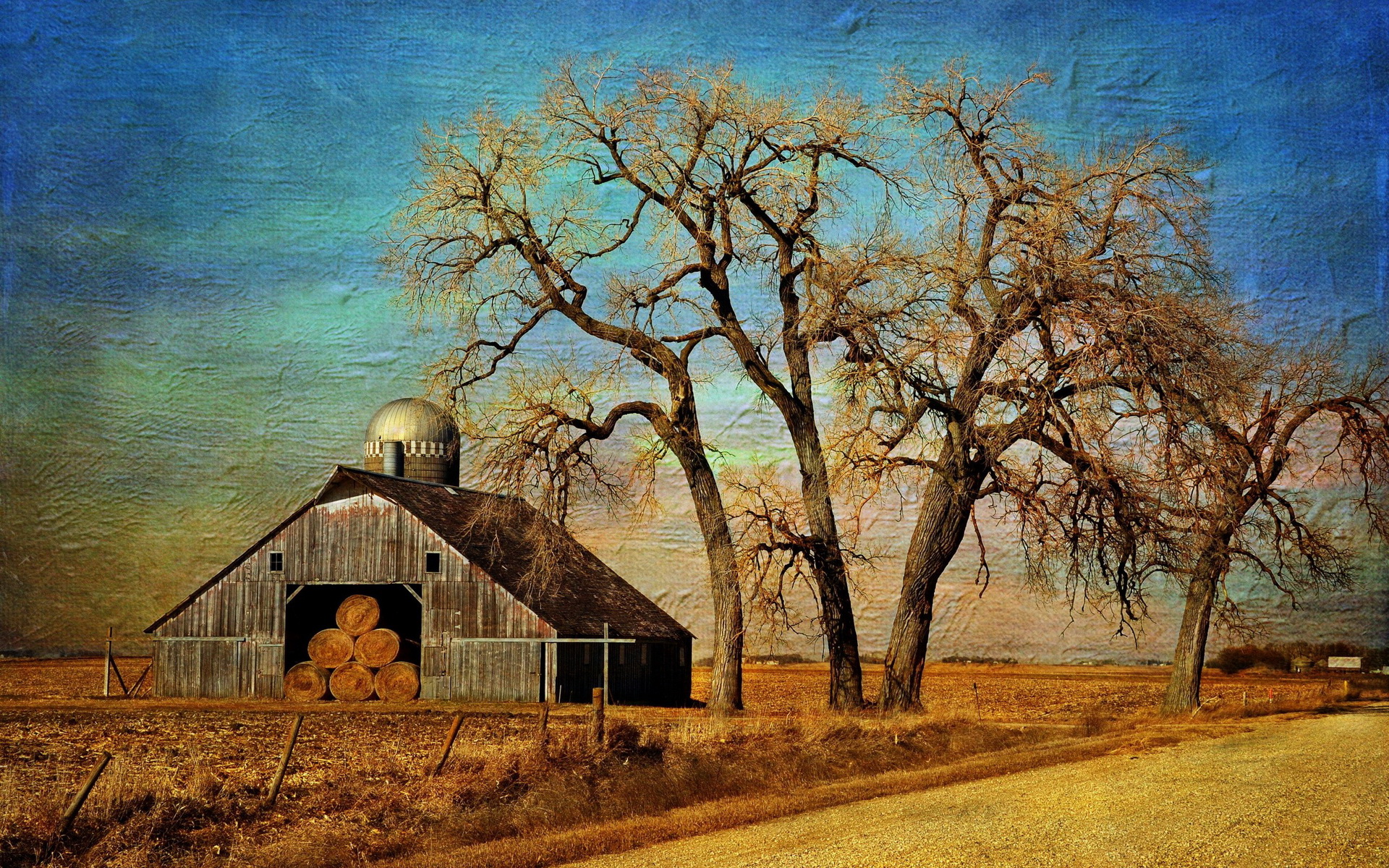 farm wallpaper hd,tree,painting,rural area,sky,barn