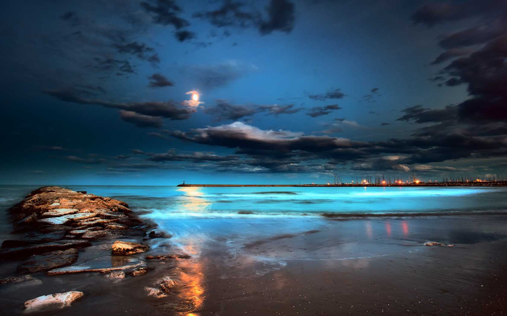 밤 해변 벽지,하늘,자연,바다,물,푸른