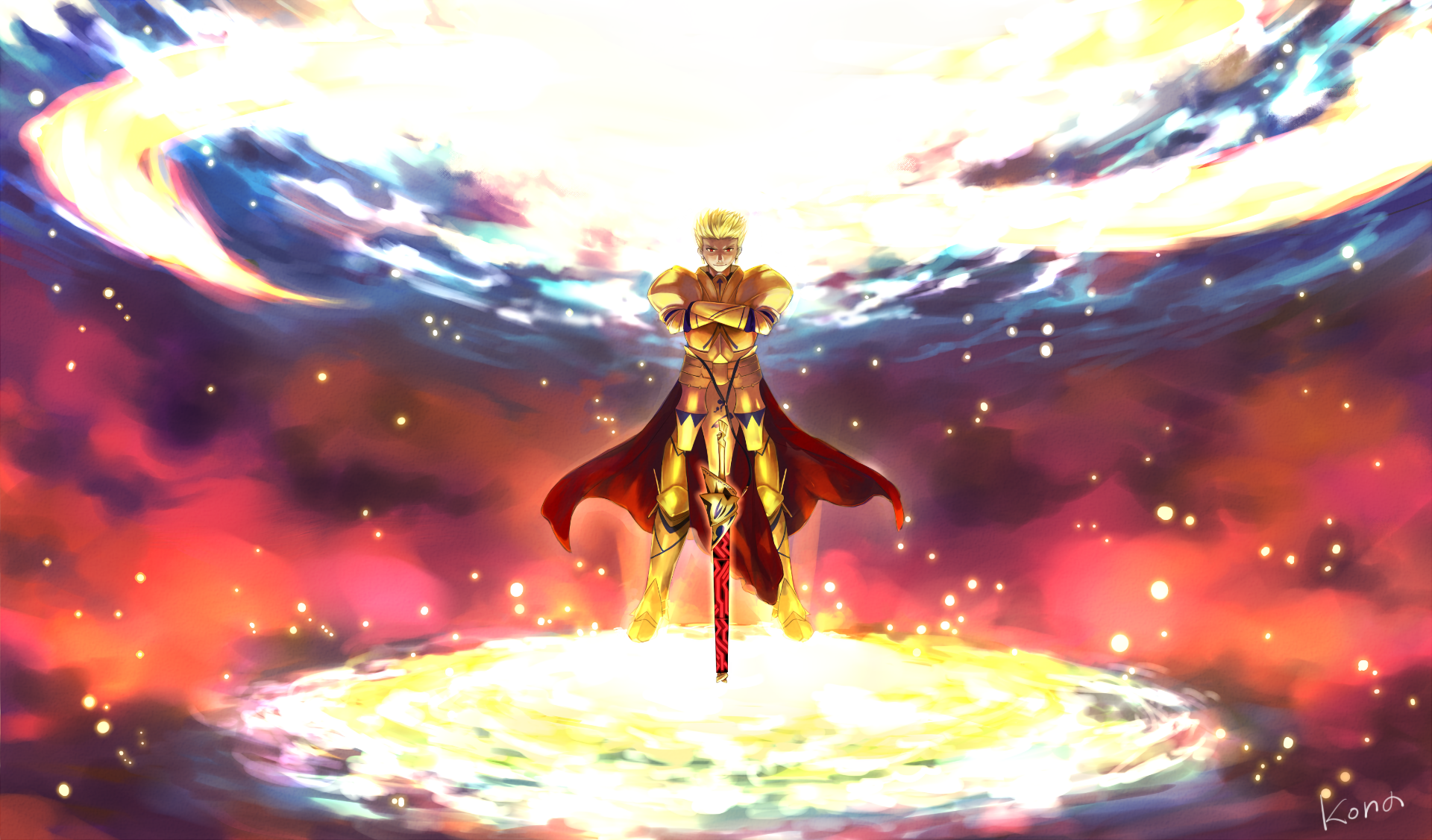 gilgamesh fate wallpaper,anime,cg artwork,geological phenomenon,sky,fictional character