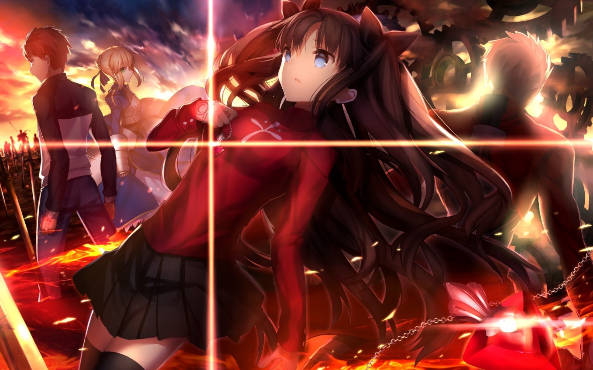 papier peint rin tohsaka,oeuvre de cg,anime,cheveux noirs,cheveux bruns,cheveux roux