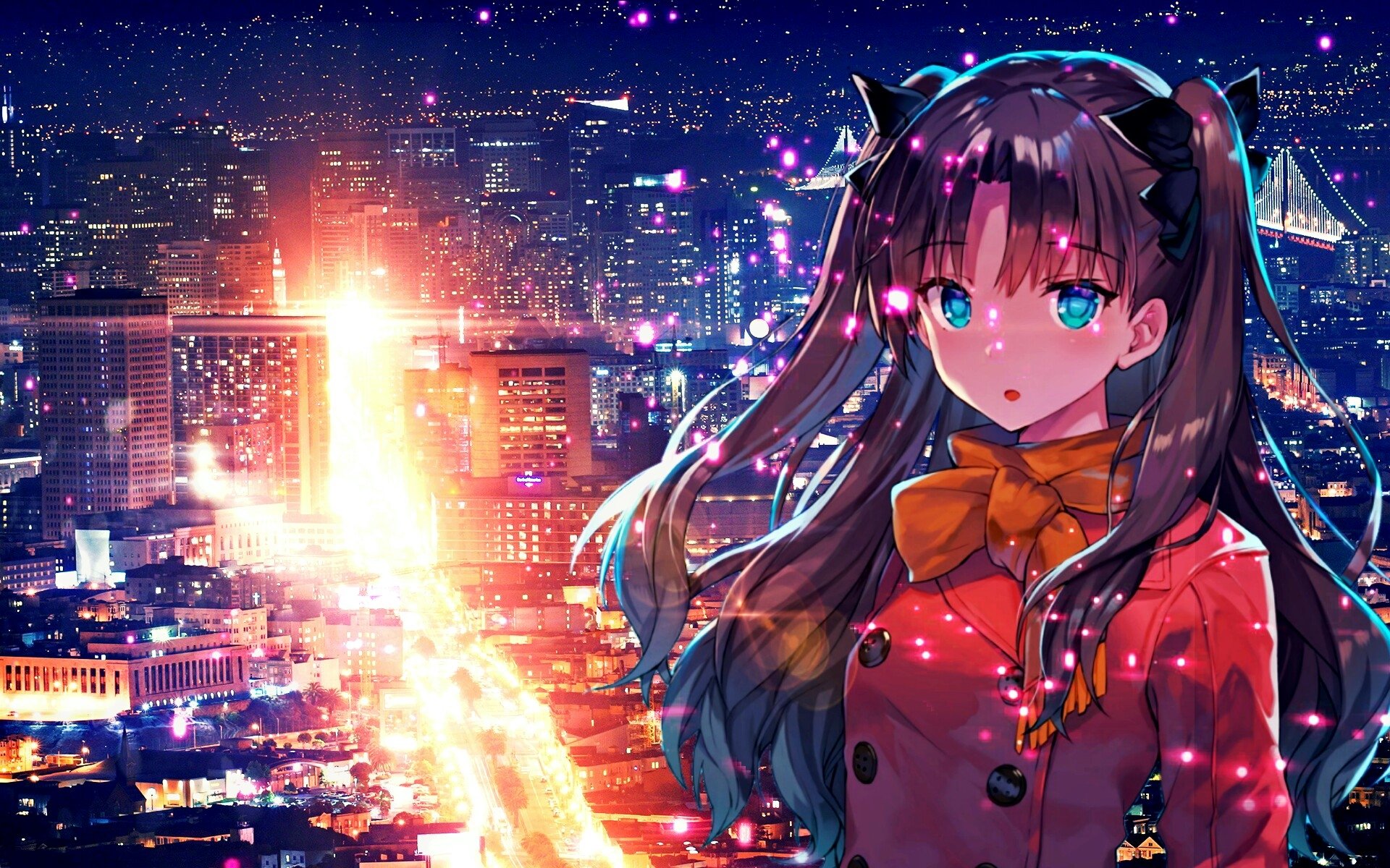 papel tapiz rin tohsaka,anime,dibujos animados,cg artwork,cielo,cabello negro