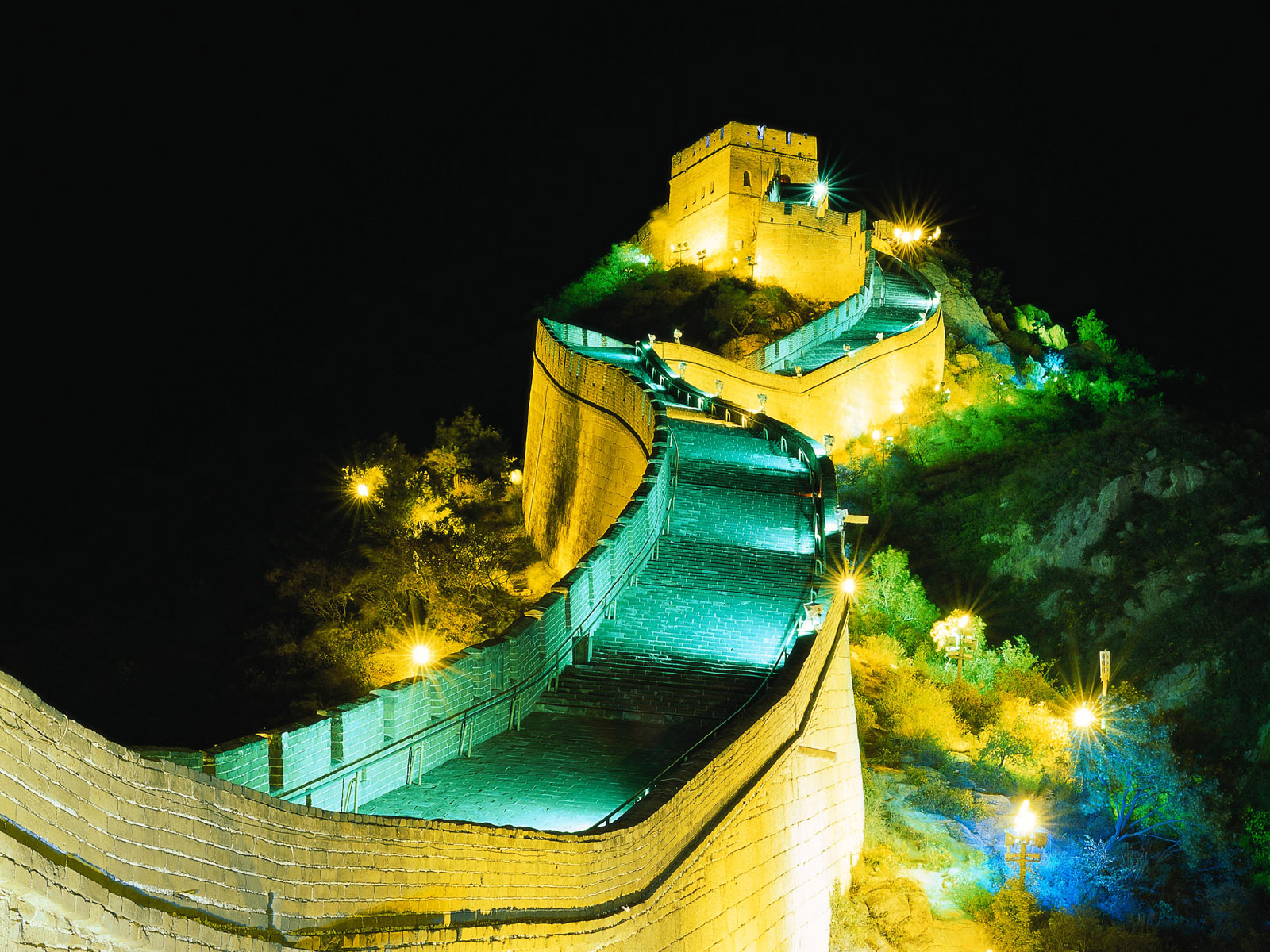 万里の長城の壁紙,水,夜,黄,建築,写真撮影