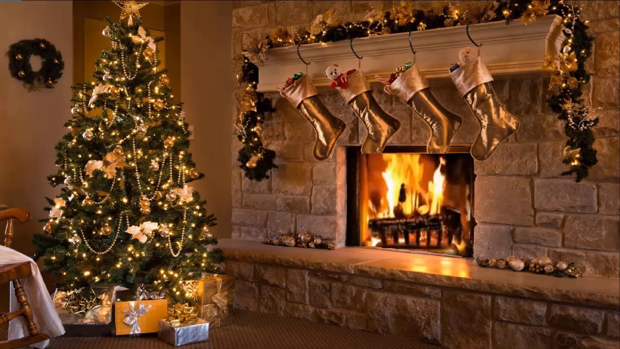 christmas wallpaper with music,hearth,christmas decoration,fireplace,christmas tree,christmas stocking